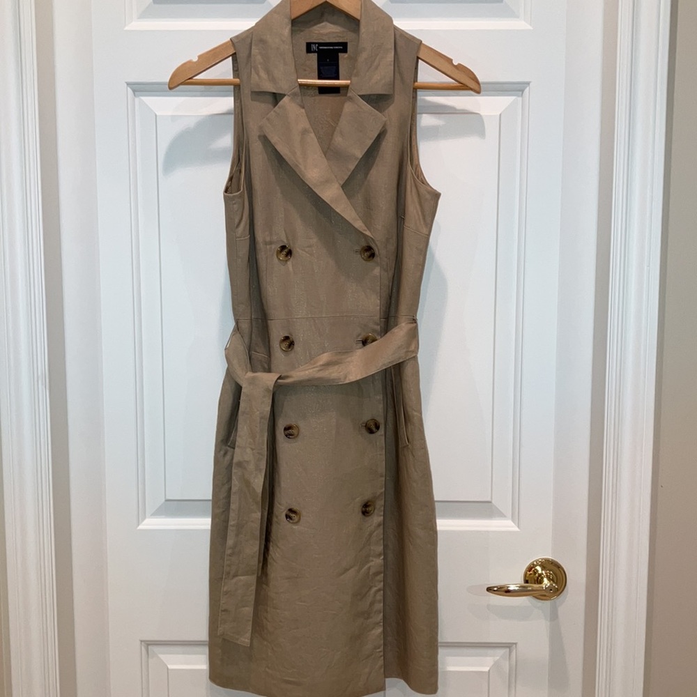 INC | tailored linen dress, sleeveless, collared, double breasted, beige, size 6